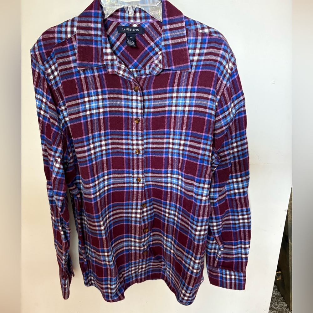 Lands' End Plaid Flannel Shirt - Burgundy and Blue
